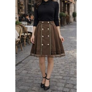 Axes Femme Military Button Mini Skirt Lace Trim Brown Pleated Size S